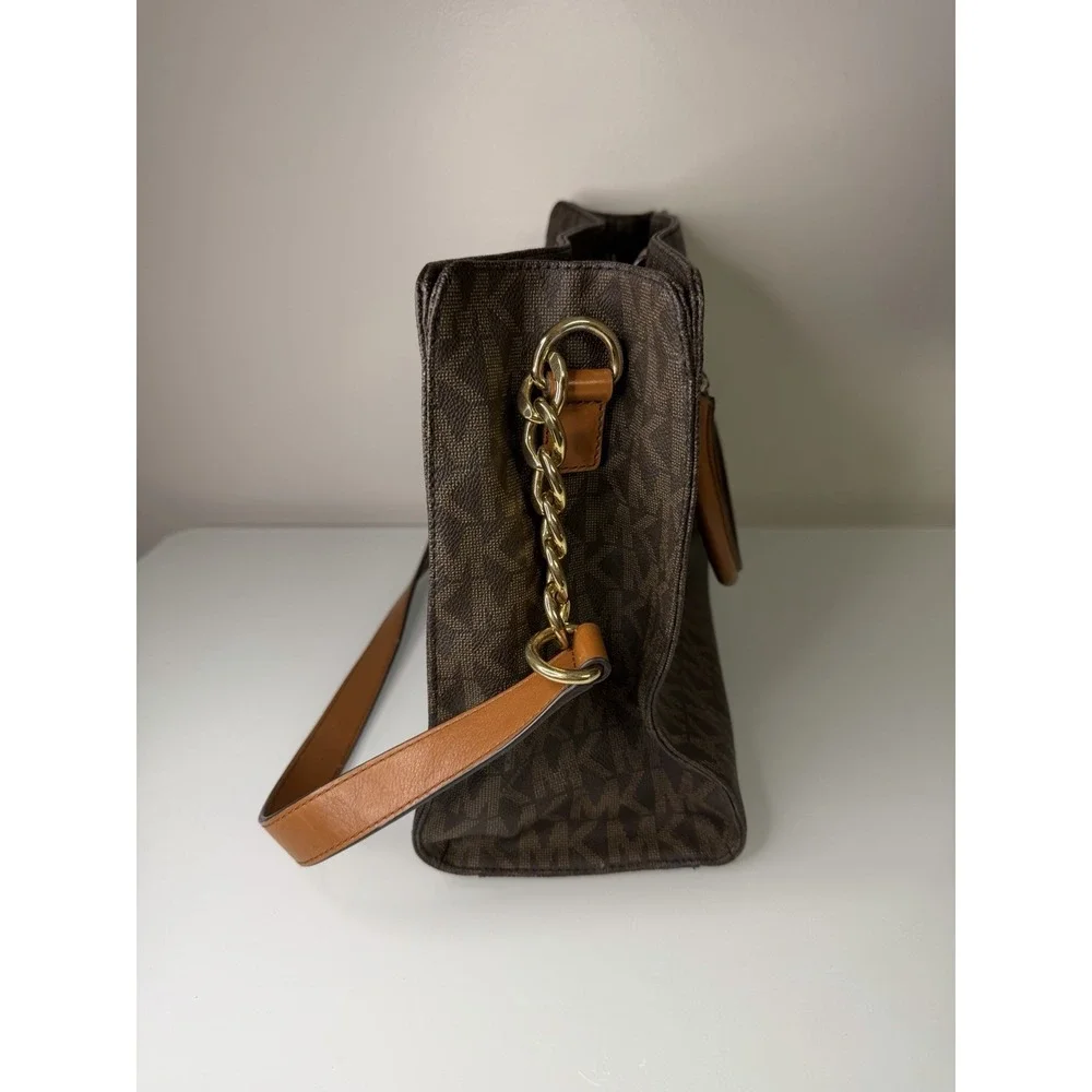 Michael Kors Hamilton East West Brown Leather Purse Handbag Tote MK Logo Print - Picture 3 of 8